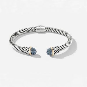 5mm Braided Silver & 18k Gold Cable Bracelet with Blue Diamonds and Middle Clasp